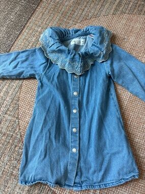 Zara Kids Denim Button-Front Dress with Embroidered Peter Pan Collar